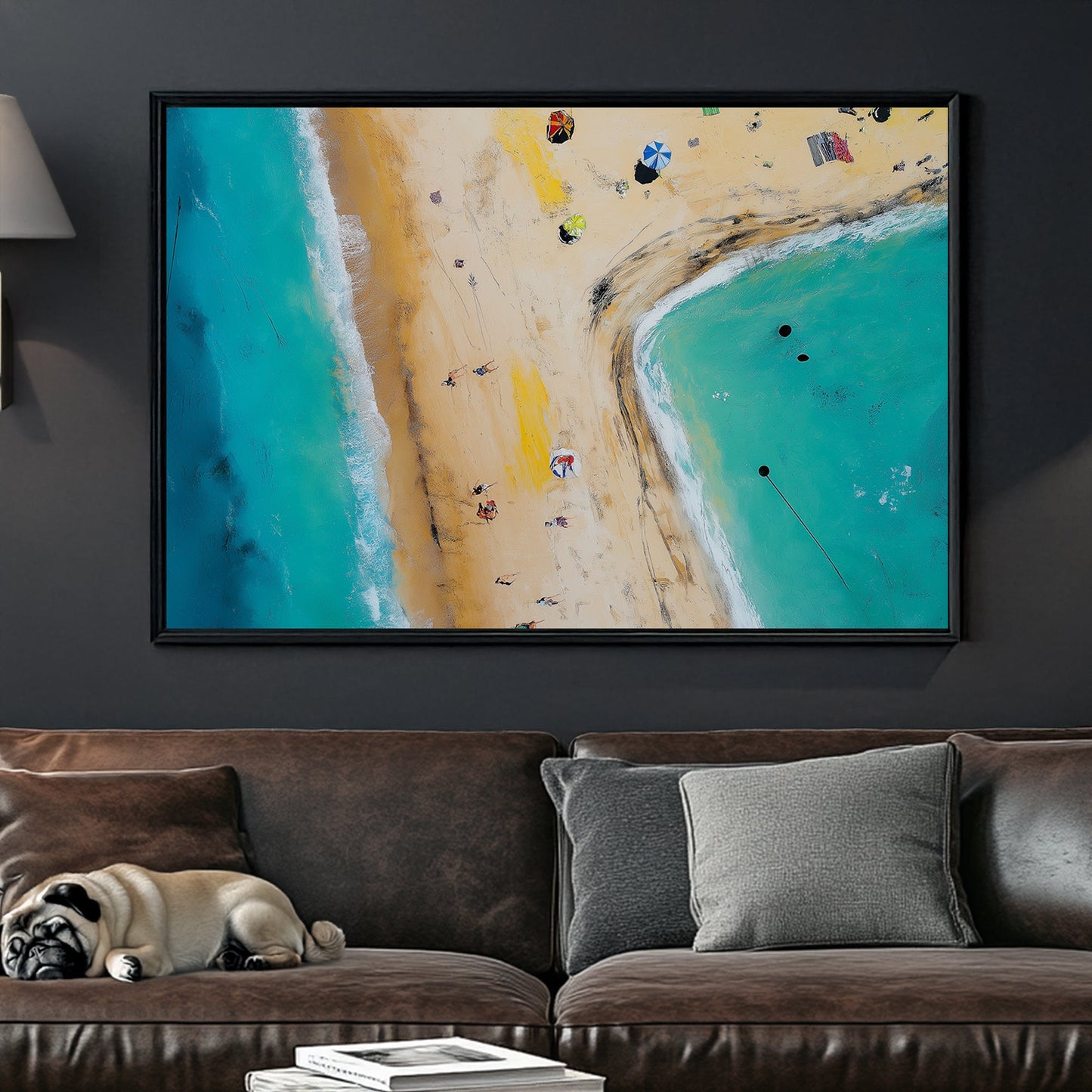 aerial beach scene wall art with turquoise ocean and umbrellas