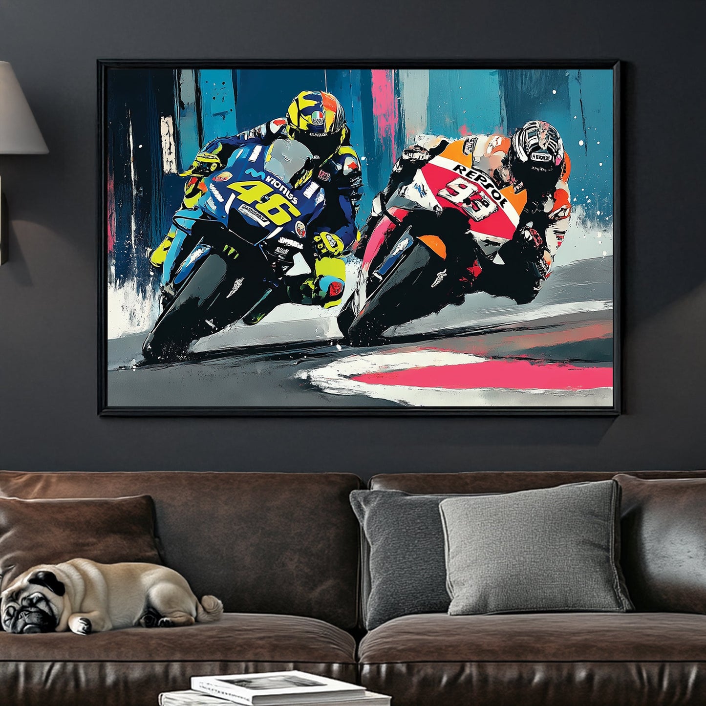 Rossi and Marquez motorcycle racing wall art