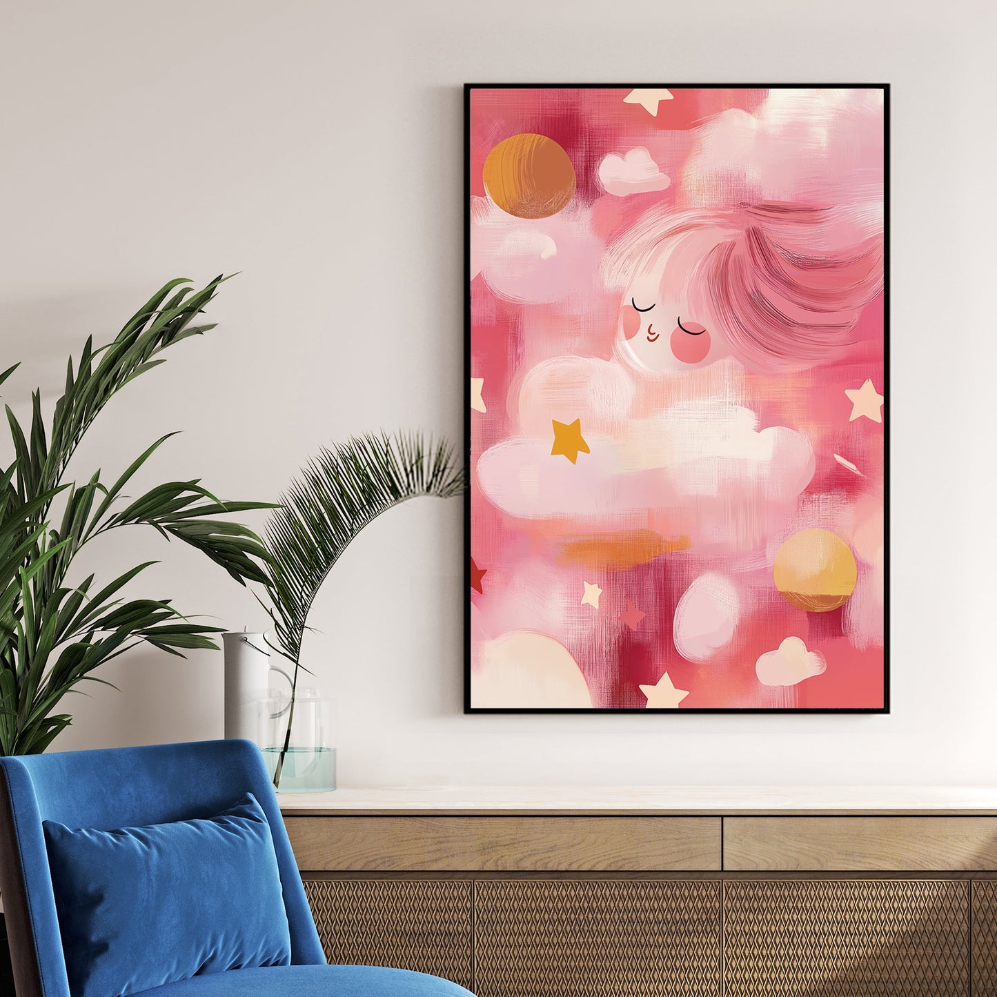 dreamy pink clouds and stars kids wall art