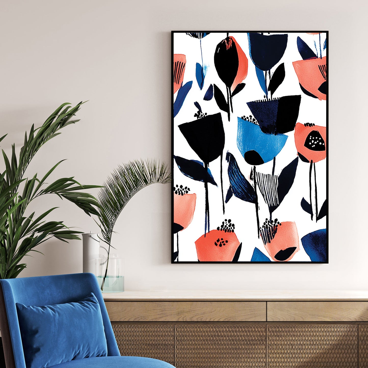abstract floral wall art in blue and coral