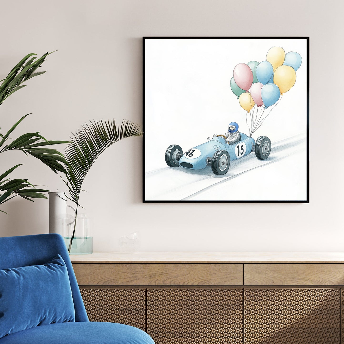 vintage race car with balloons wall art