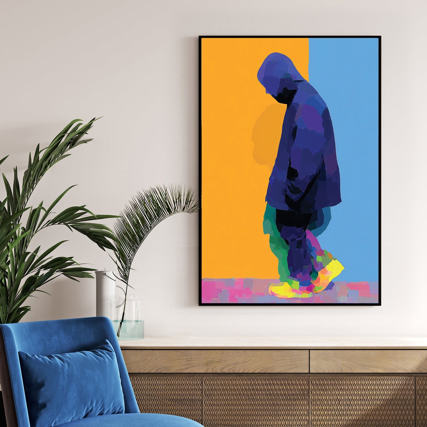 neon solitude hooded figure wall art