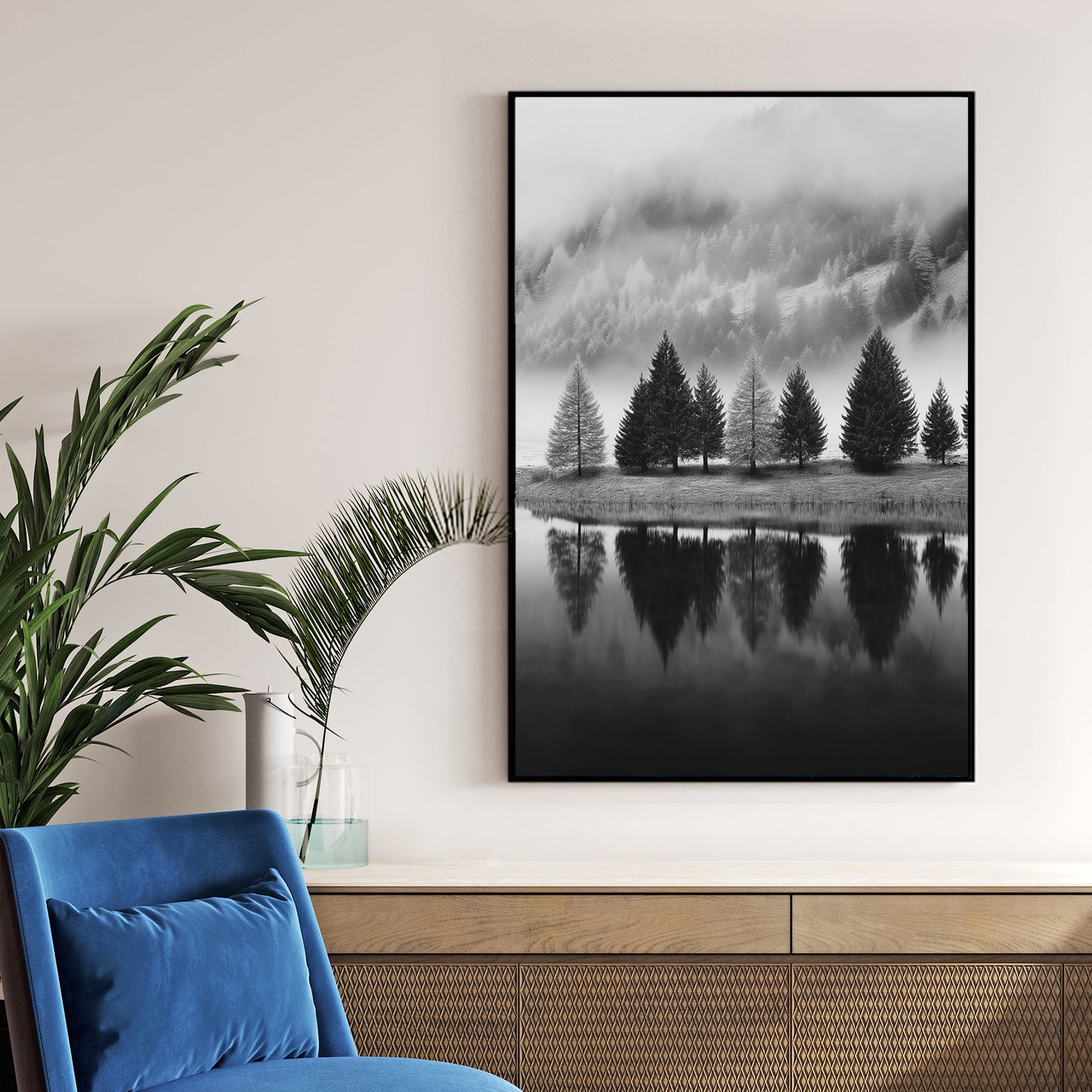 black and white pine trees reflection wall art