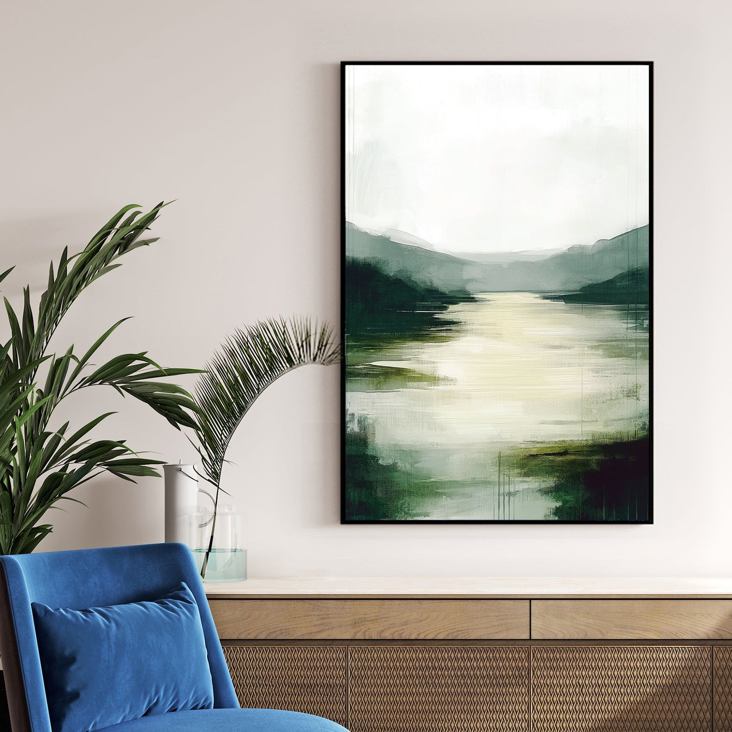 misty green valley river wall art