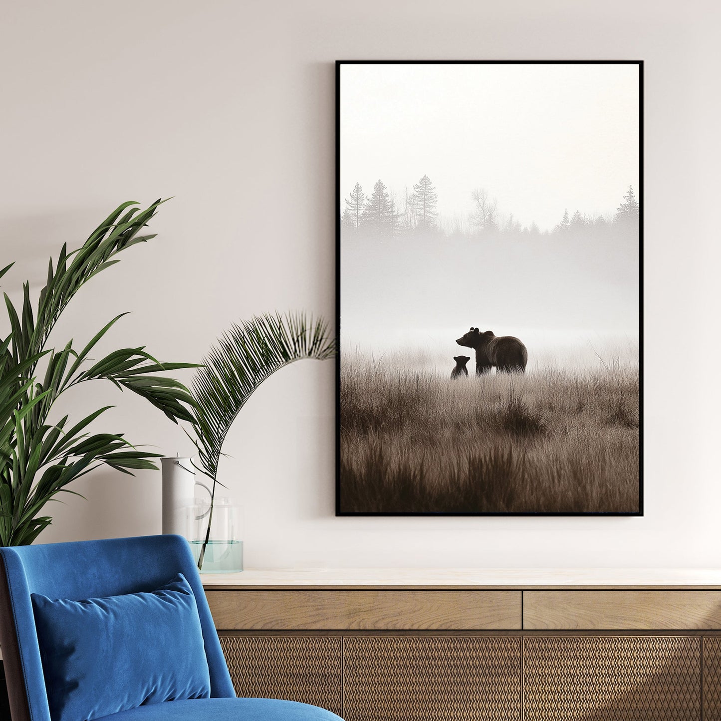 bear and cub misty forest wall art