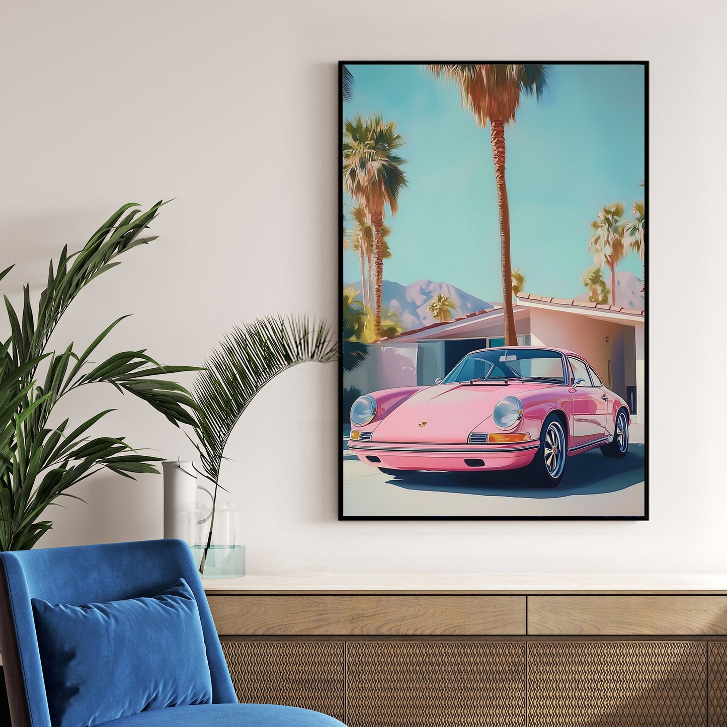 pink Porsche retro car wall art