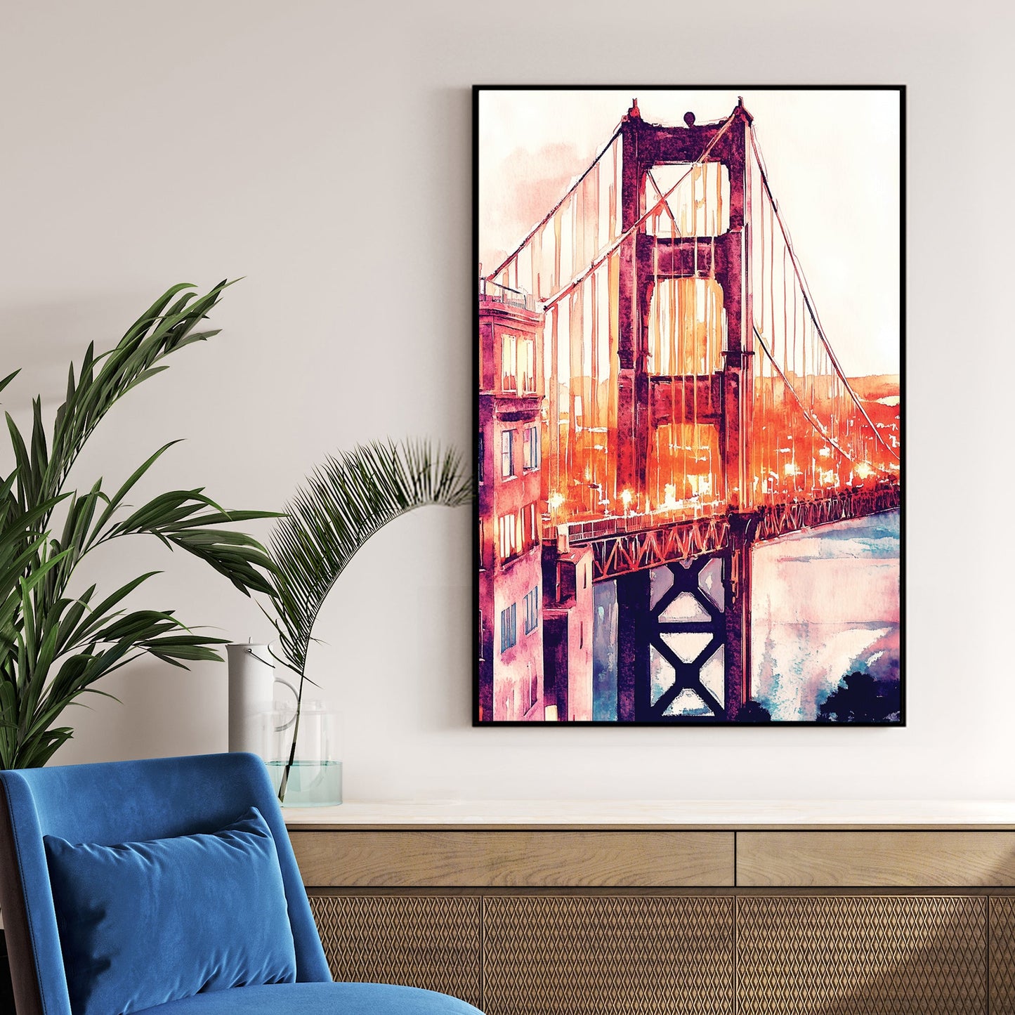 golden gate bridge wall art in watercolour