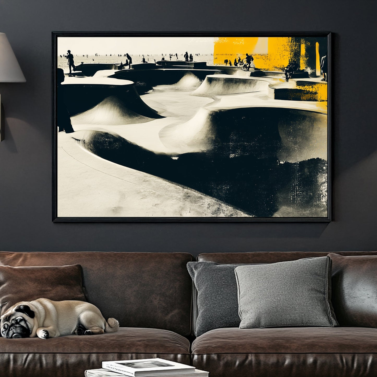black and yellow skatepark scene wall art