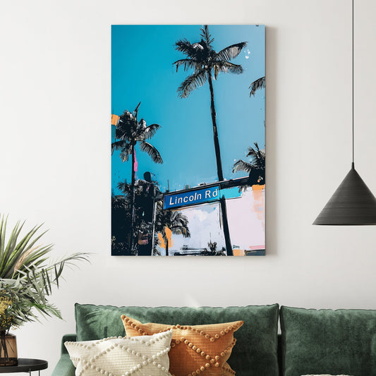 lincoln road miami wall art with palm trees and blue sky