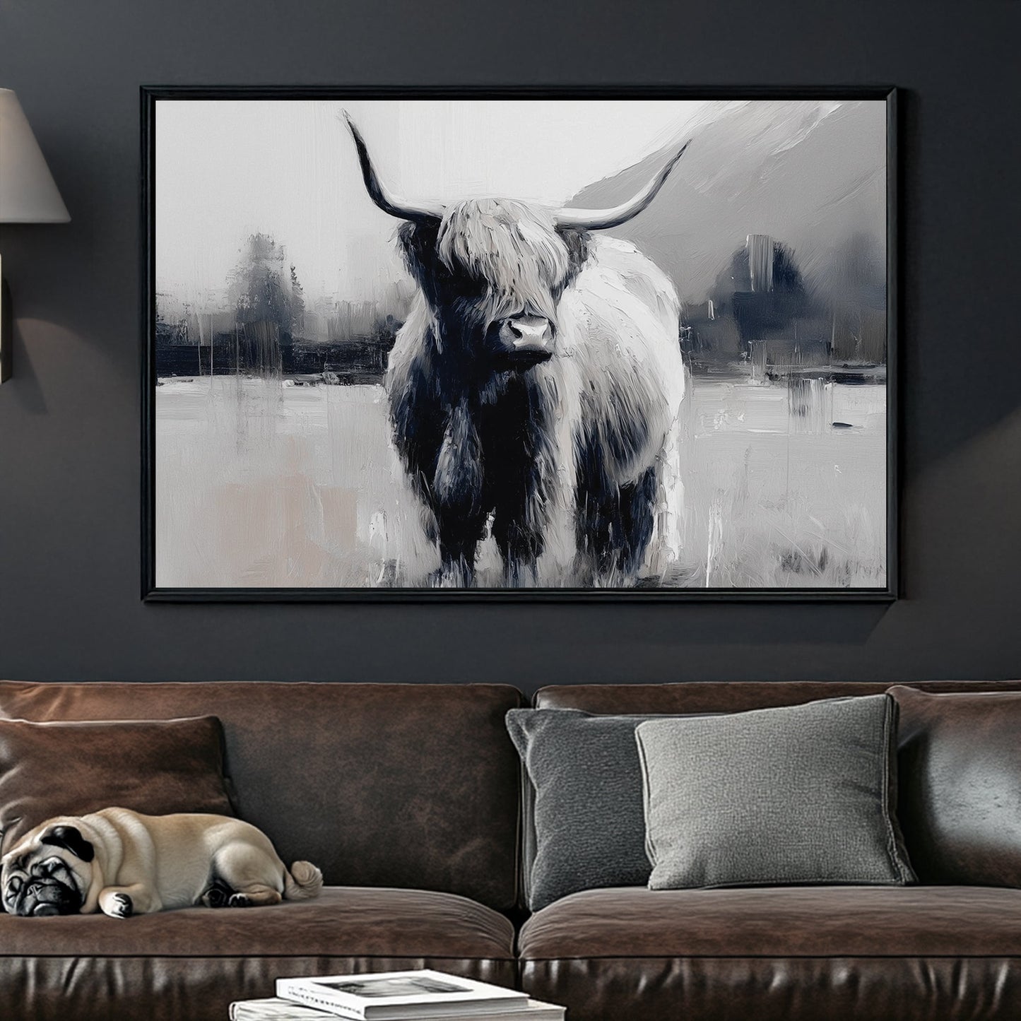 highland cow black and white wall art with misty landscape