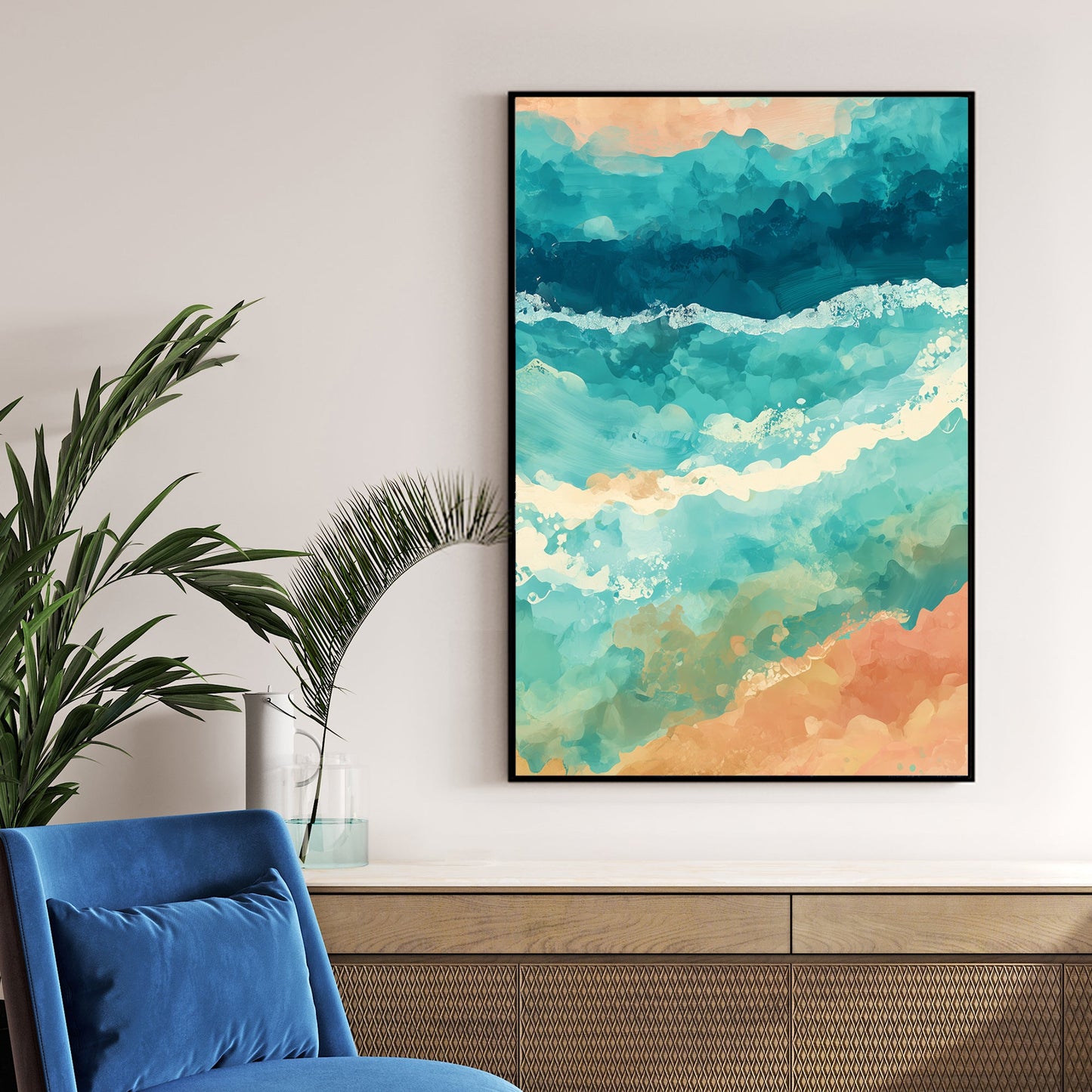 abstract ocean inspired wall art in teal and coral colours