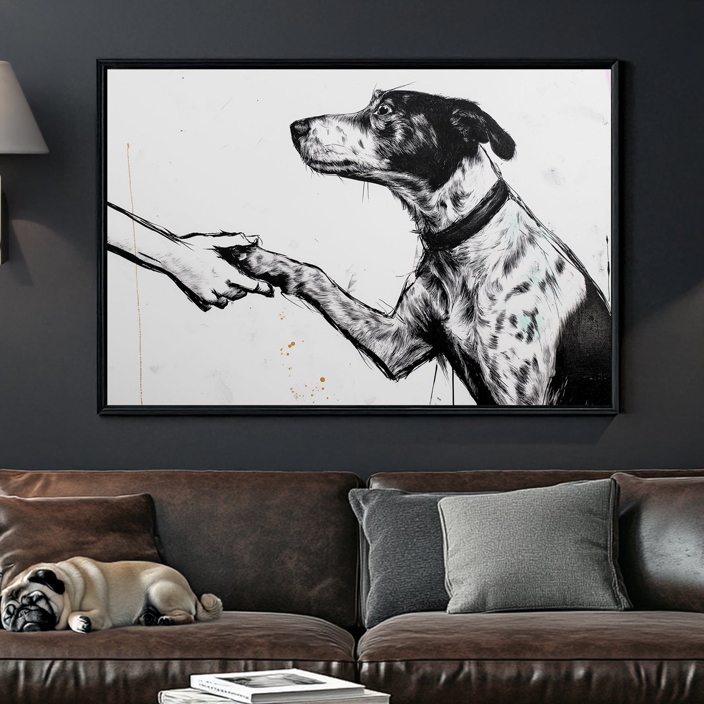 dog shaking hand black and white wall art