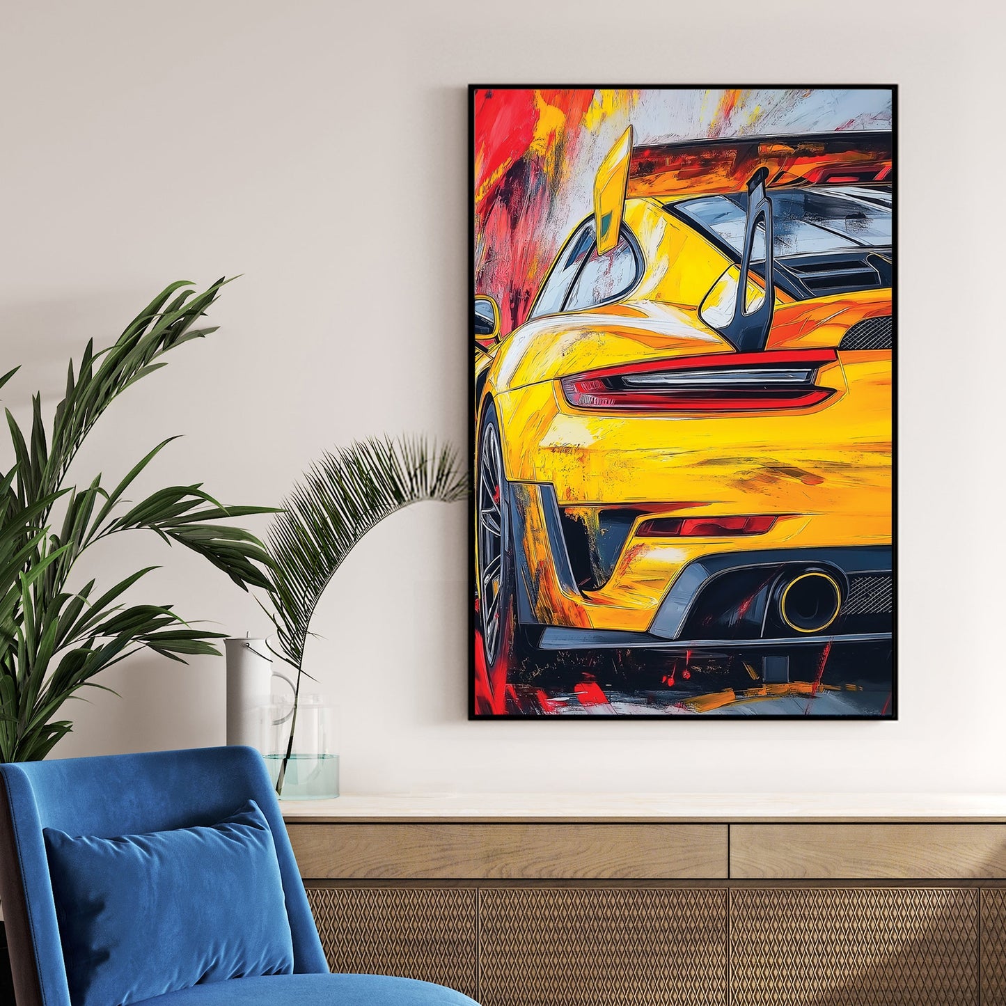 yellow Porsche sports car wall art