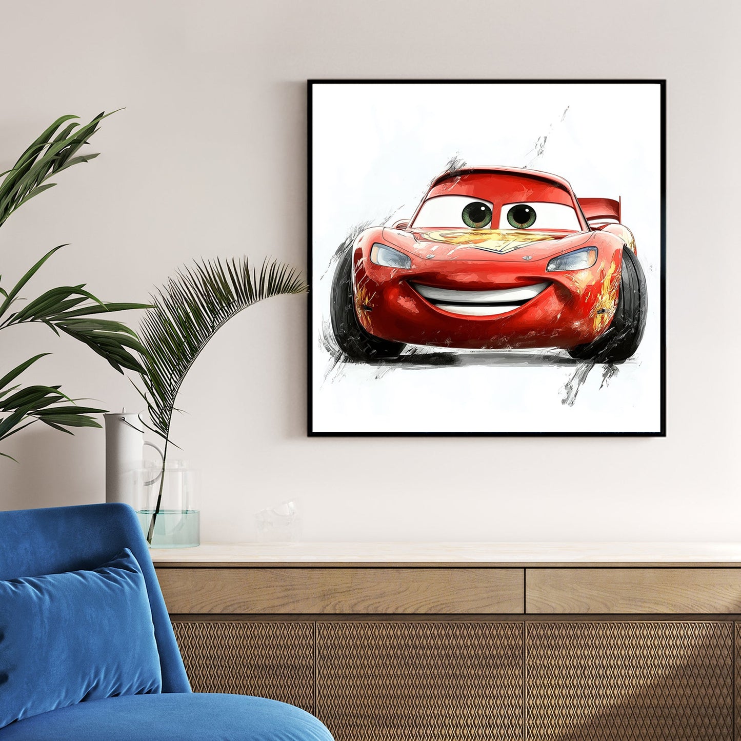 smiling red cartoon race car wall art