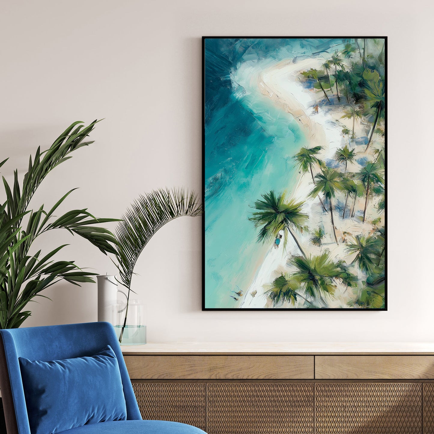 tropical beach aerial view palm trees wall art