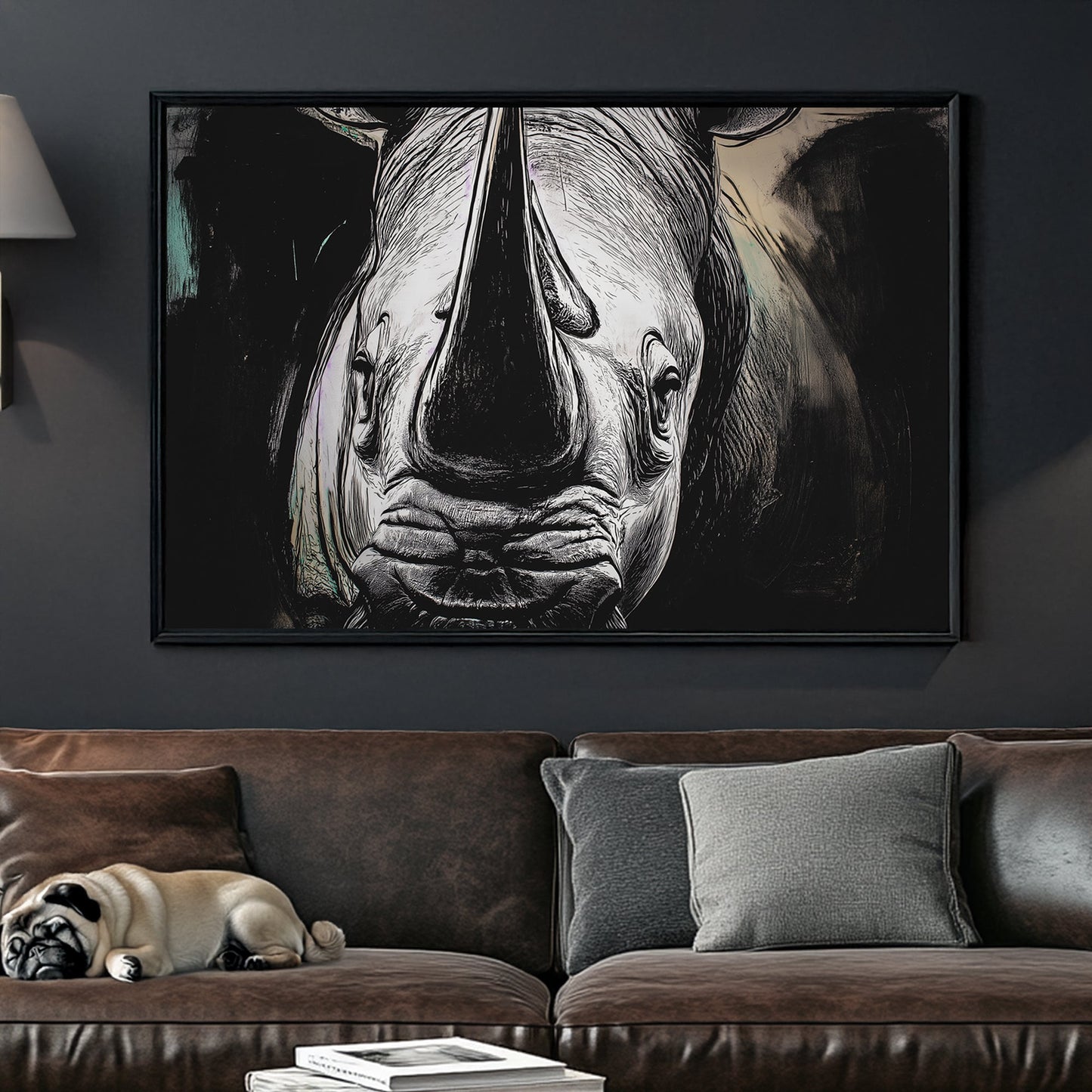 black and white rhino face wall art