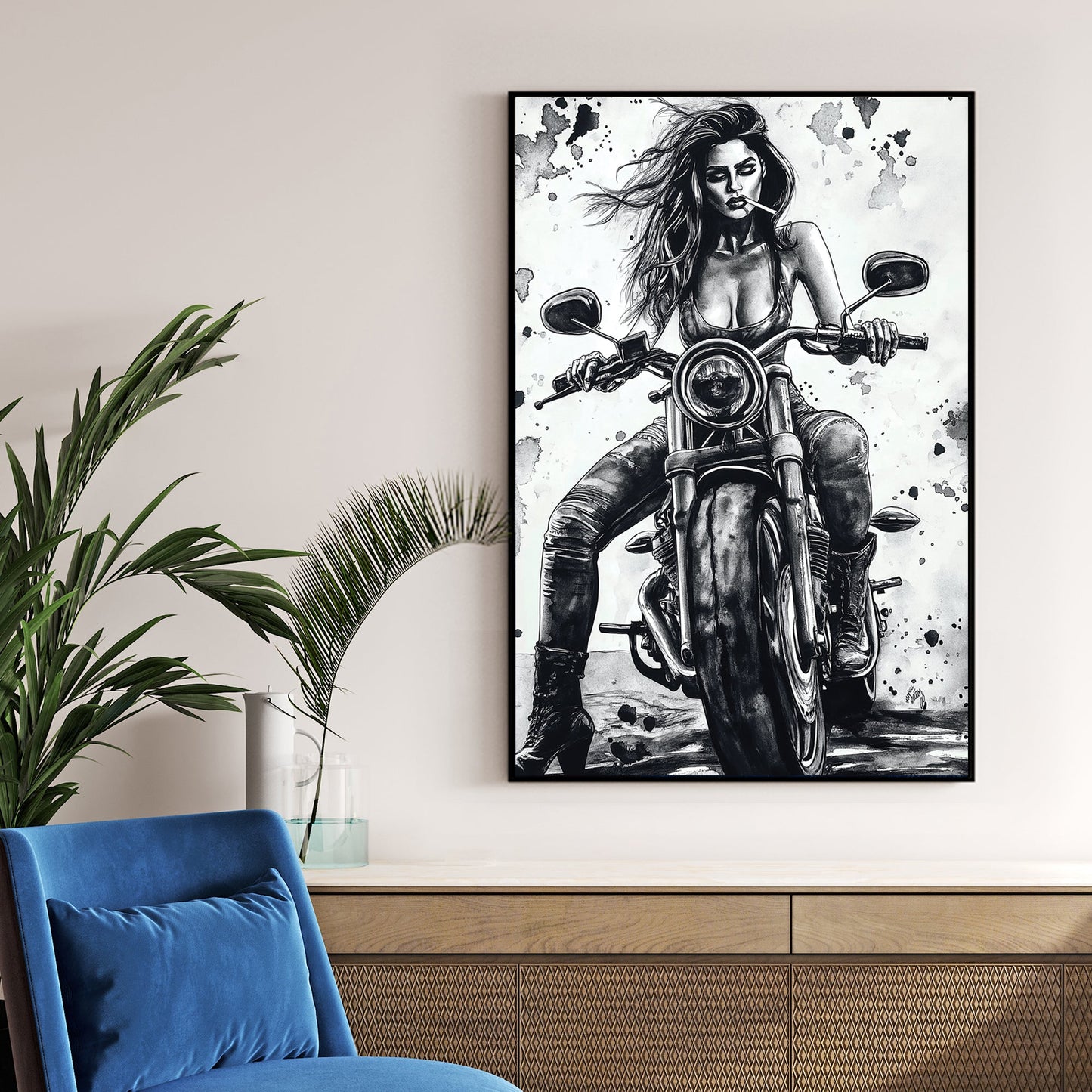 woman on motorcycle wall art