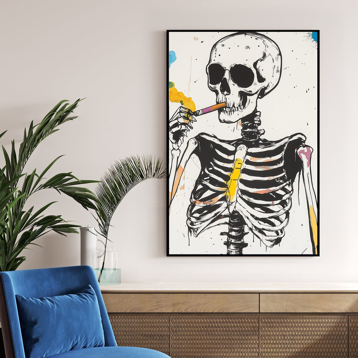 skeleton smoking colourful wall art