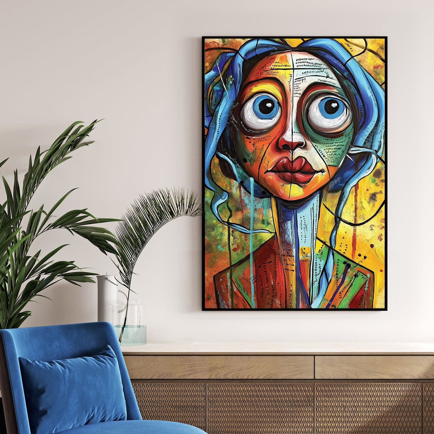 bold colourful abstract portrait of woman with wide eyes wall art