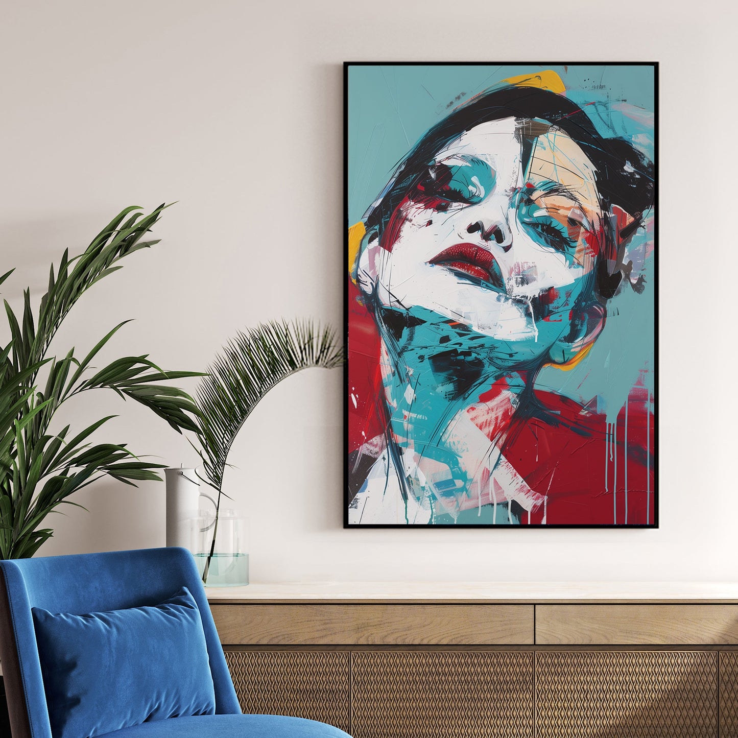 abstract portrait of woman with tilted head in bold red and teal brushstrokes wall art