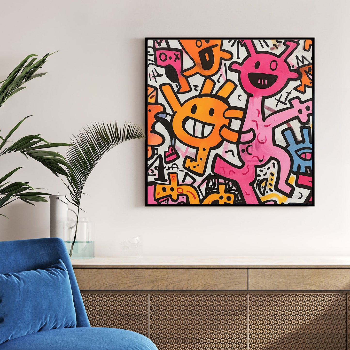playful pink and orange cartoon creatures on white background wall art