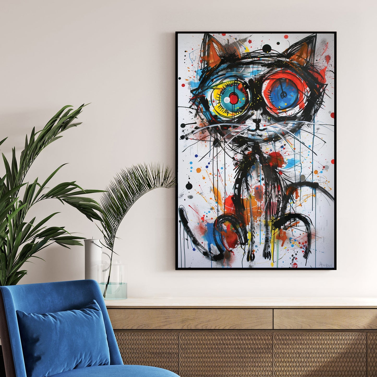 graffiti-style cat wall art with colourful eyes and abstract splatters