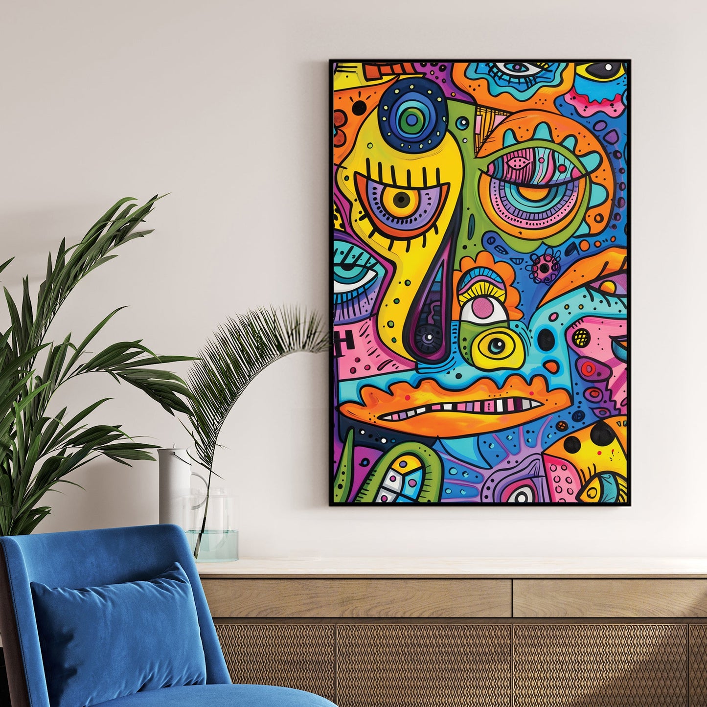 abstract cartoon character wall art with bright neon colours