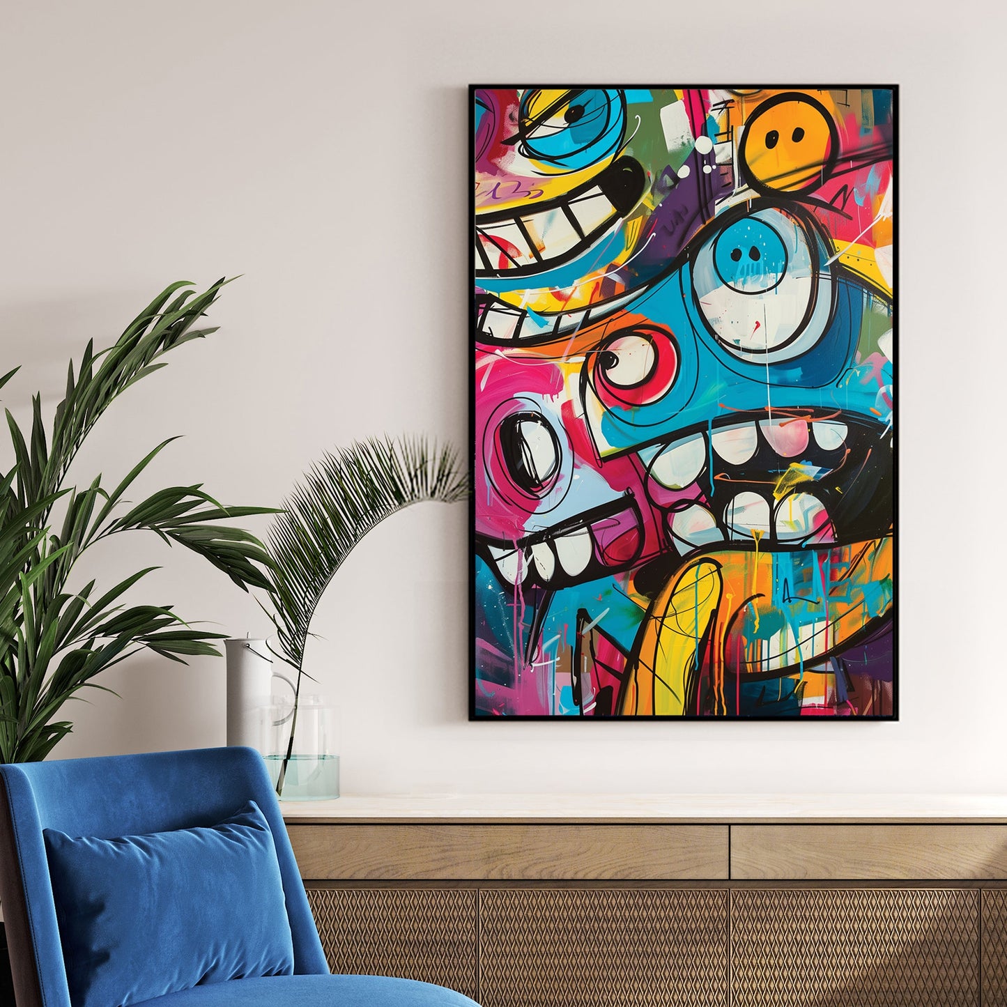 graffiti cartoon character wall art with bright colours and bold expressions
