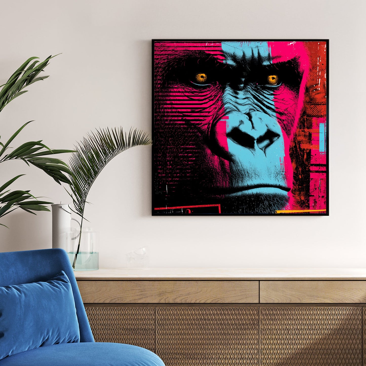 neon gorilla face wall art with bold cyan and magenta tones