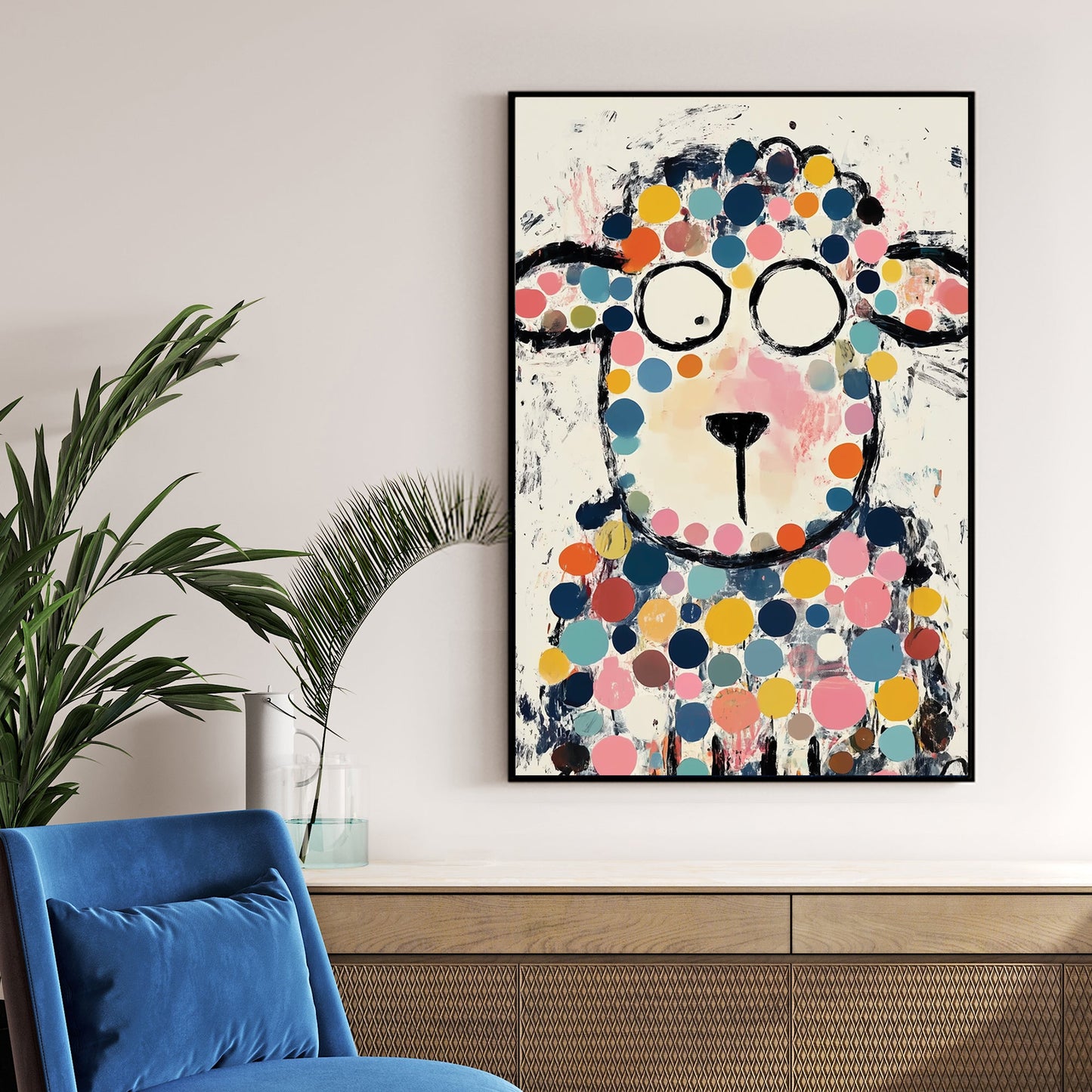 colourful cartoon sheep wall art with polka dots