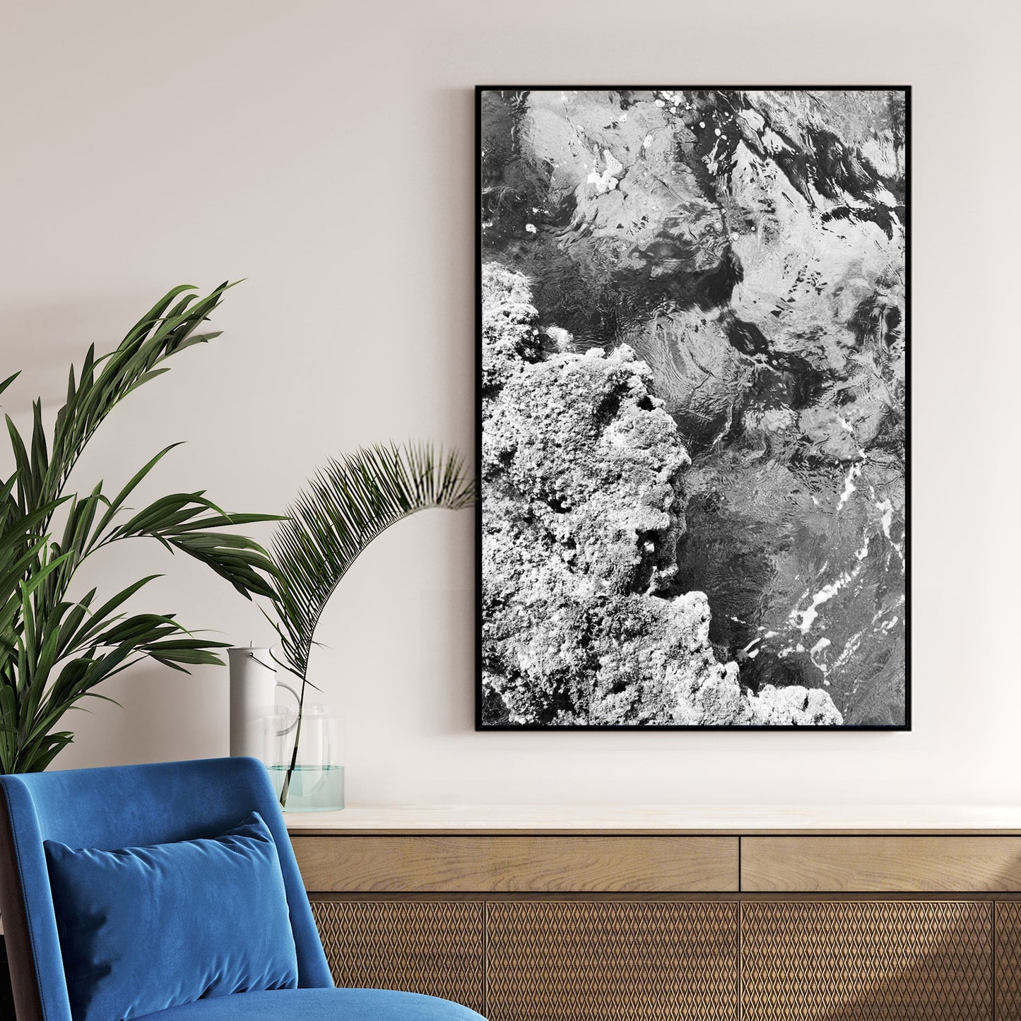 black and white Palermo coast wall art with ocean texture and rock