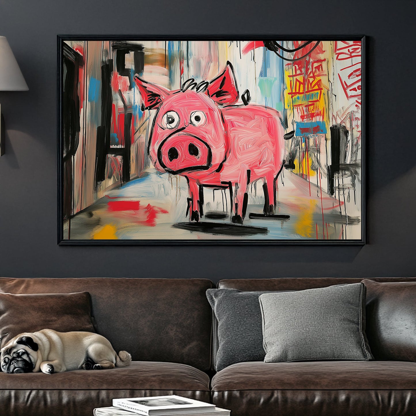 pink cartoon pig in graffiti-style alley wall art