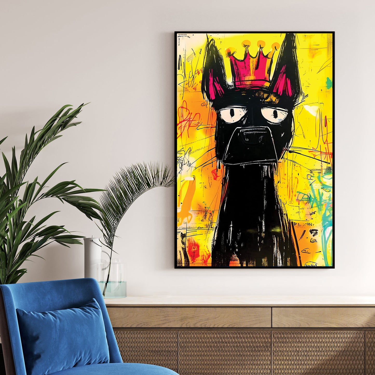 graffiti dog wearing crown wall art with yellow background