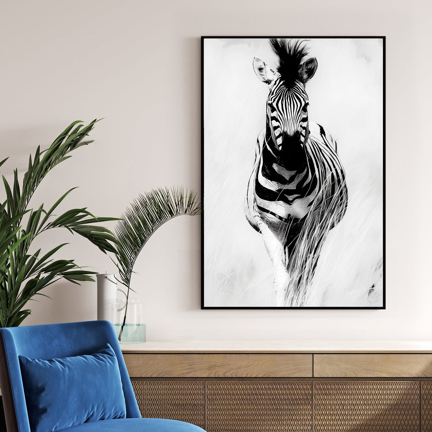 black and white zebra wall art with bold contrast and soft background
