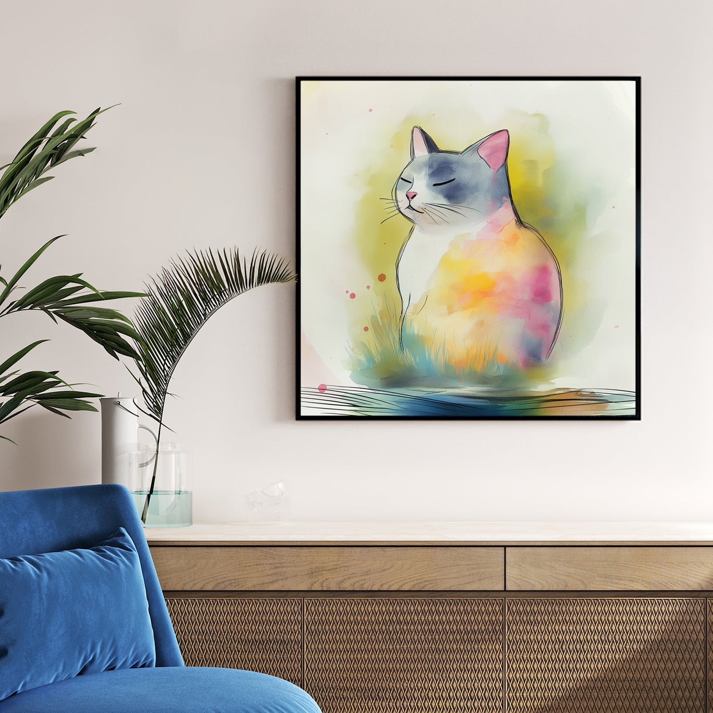 watercolour wall art of a calm cat with pastel tones
