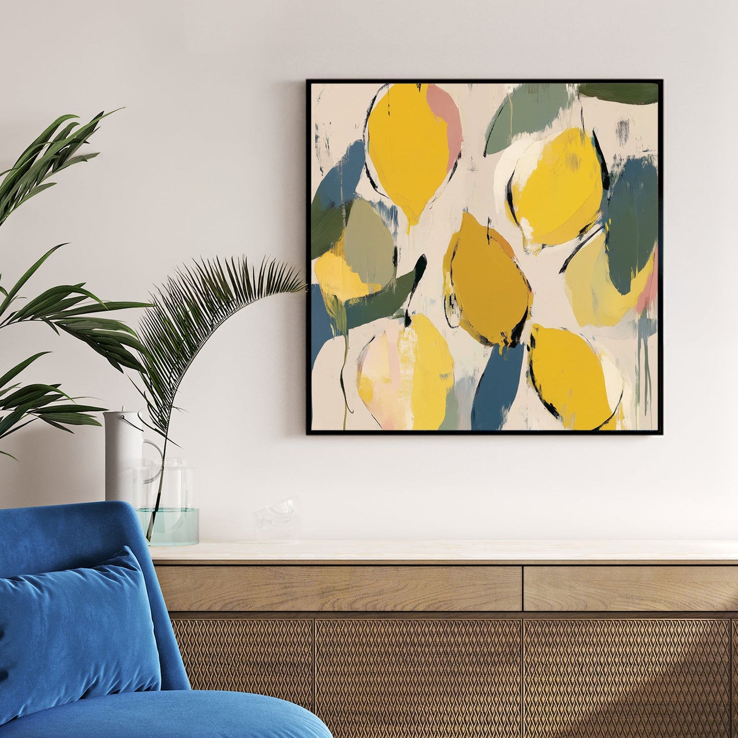 abstract lemon and leaf wall art in yellow and green tones