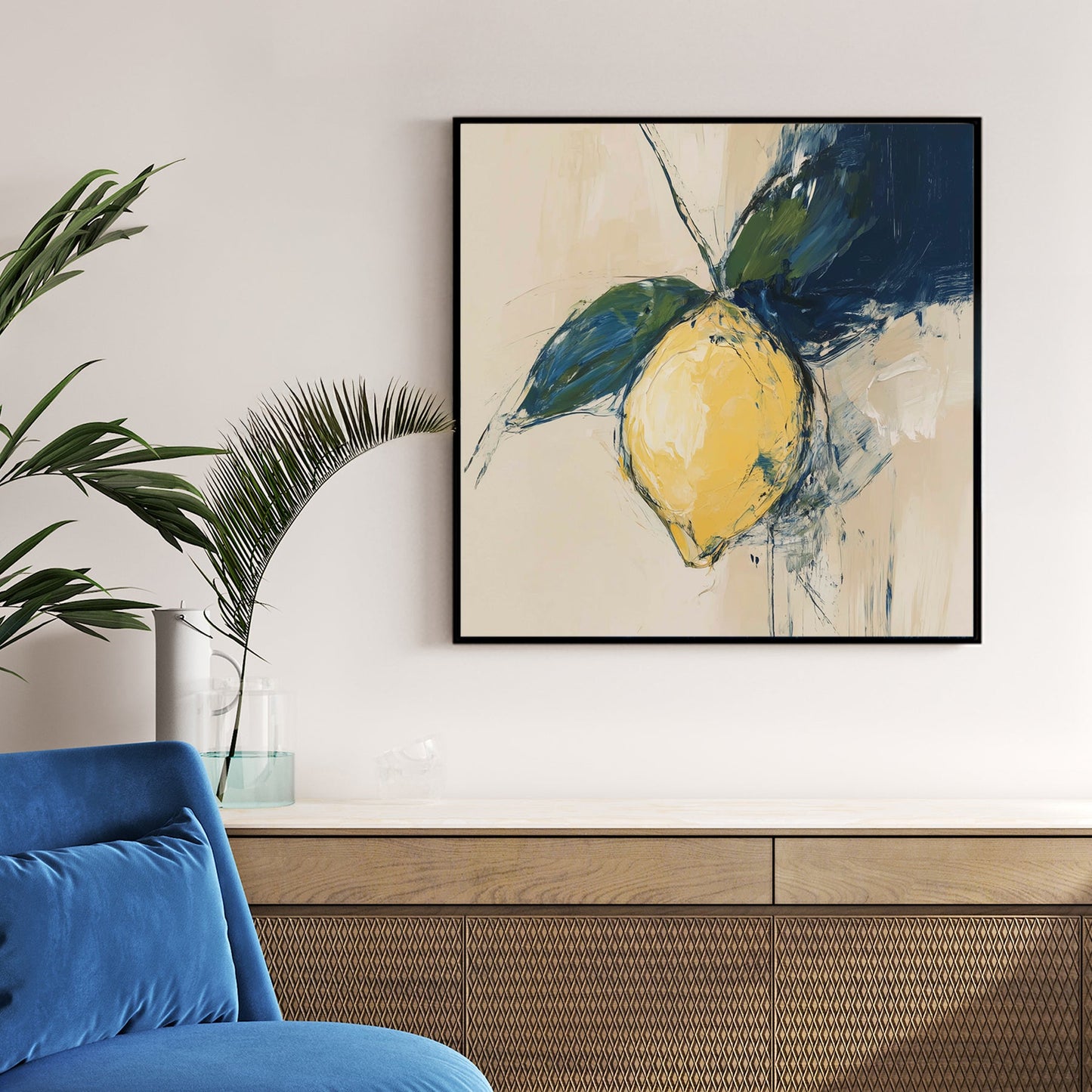 abstract lemon wall art with navy and green leaves on beige background