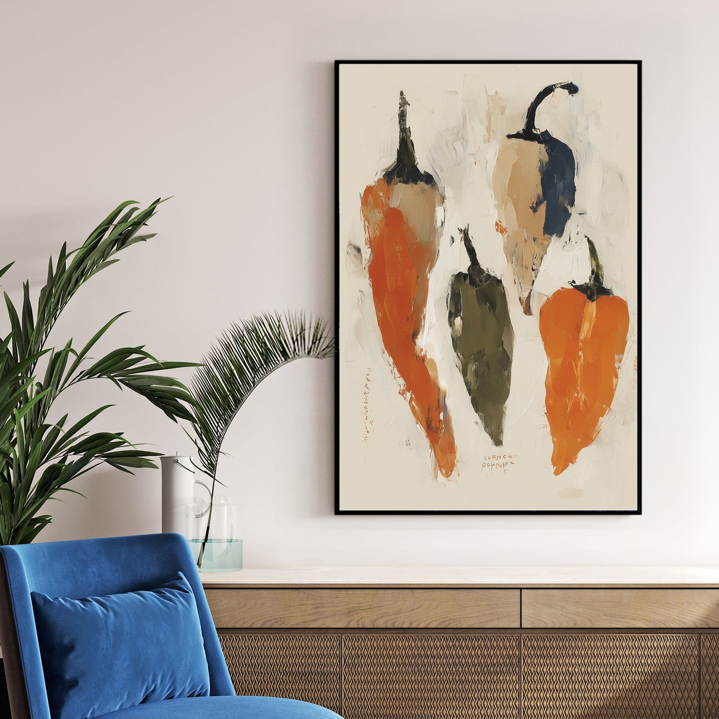 abstract painted pepper wall art in warm rustic tones