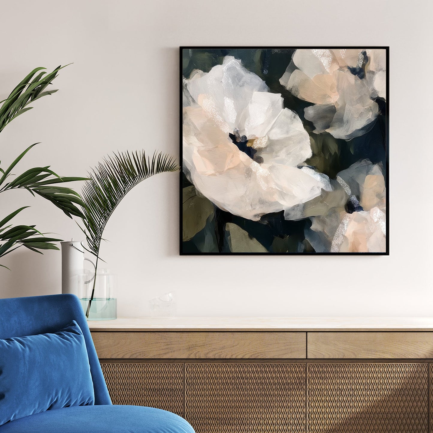 soft white floral wall art with blush accents on dark green background