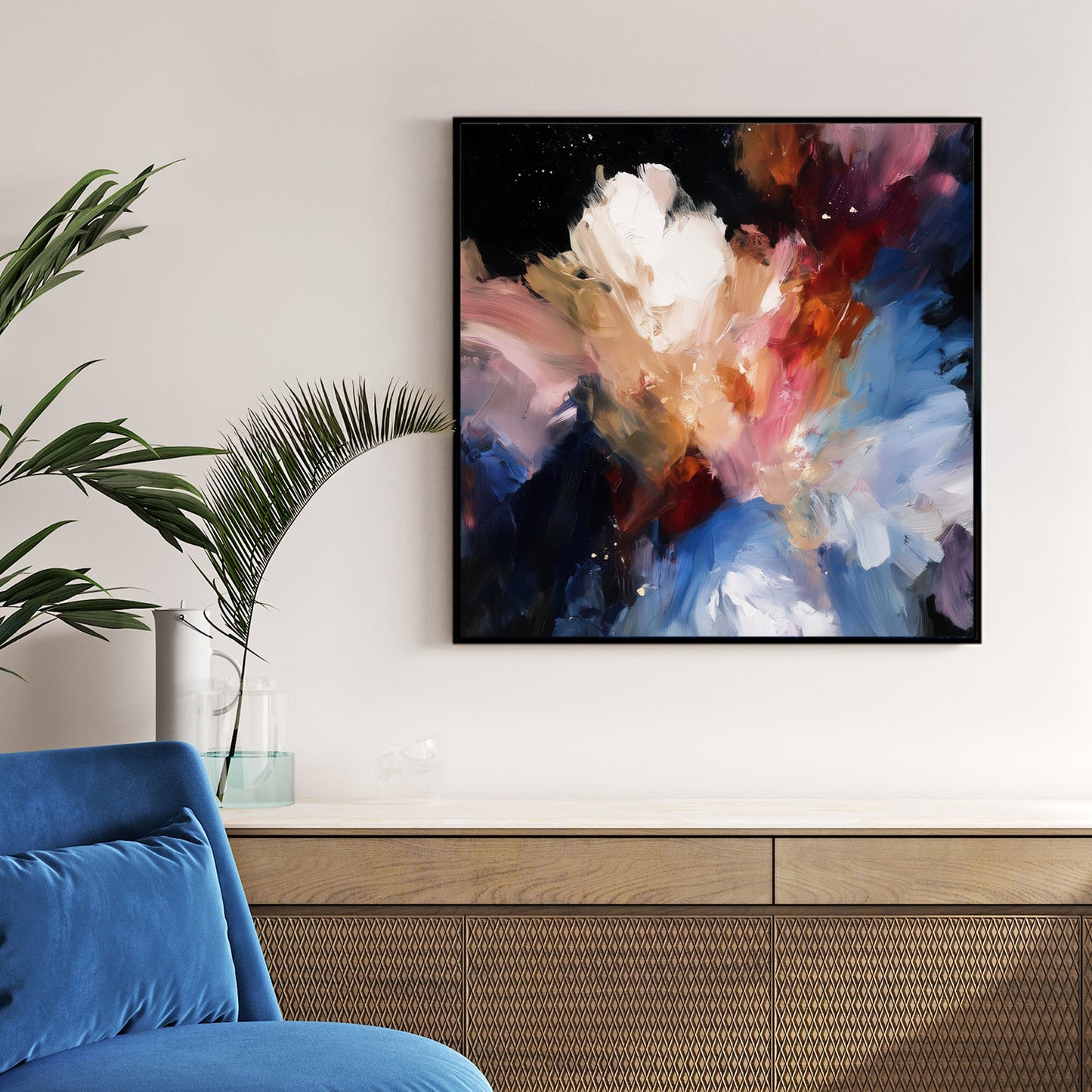 abstract floral galaxy wall art in vivid cosmic colours