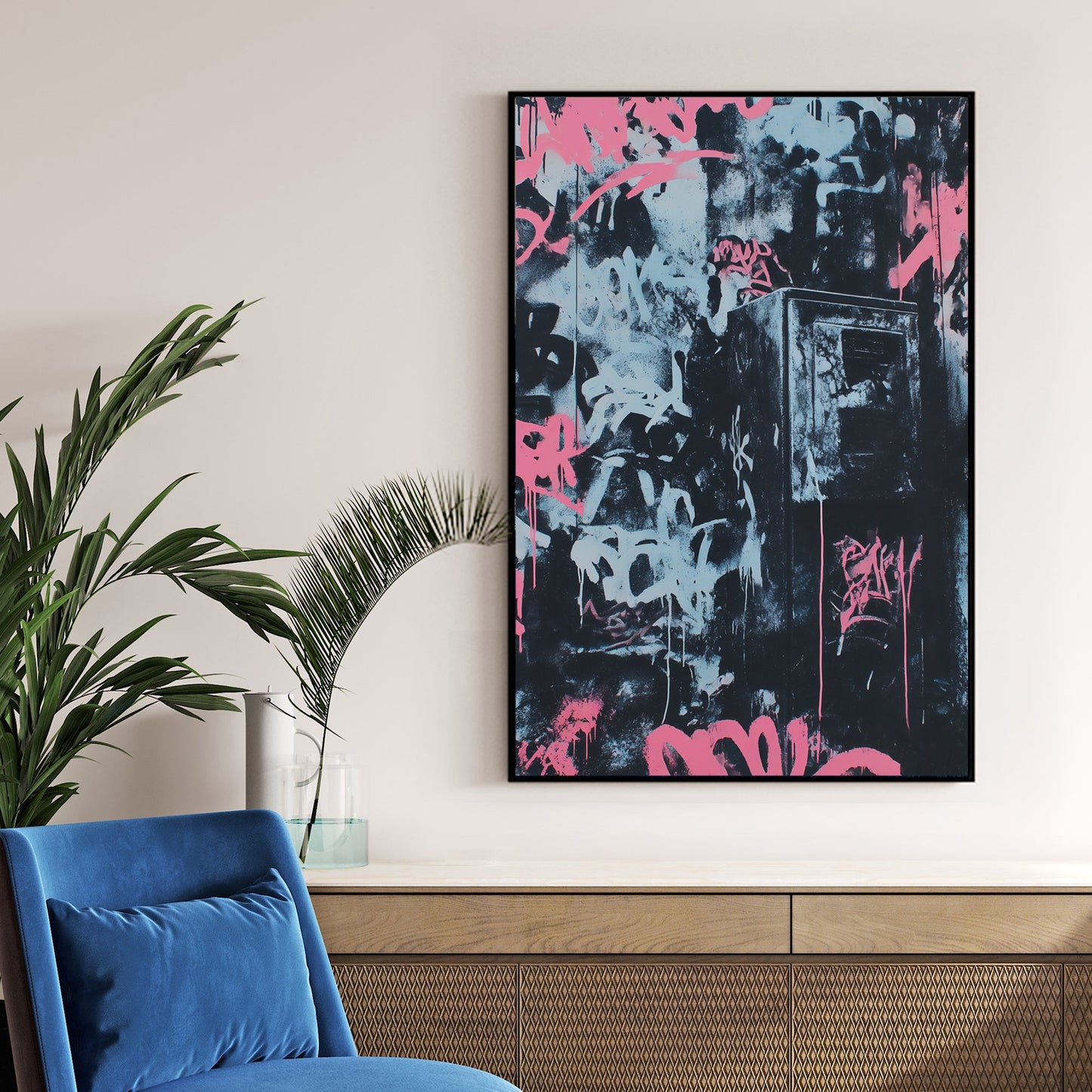 bold graffiti wall art in pink and blue over black urban textures