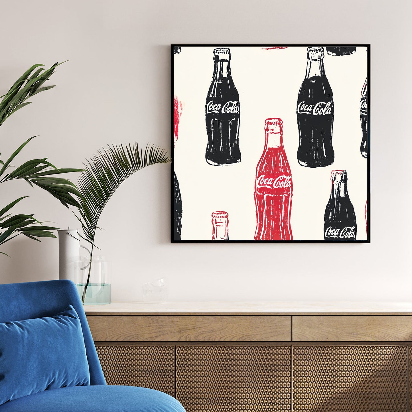 pop art wall art featuring repeated Coca-Cola bottles in red and black
