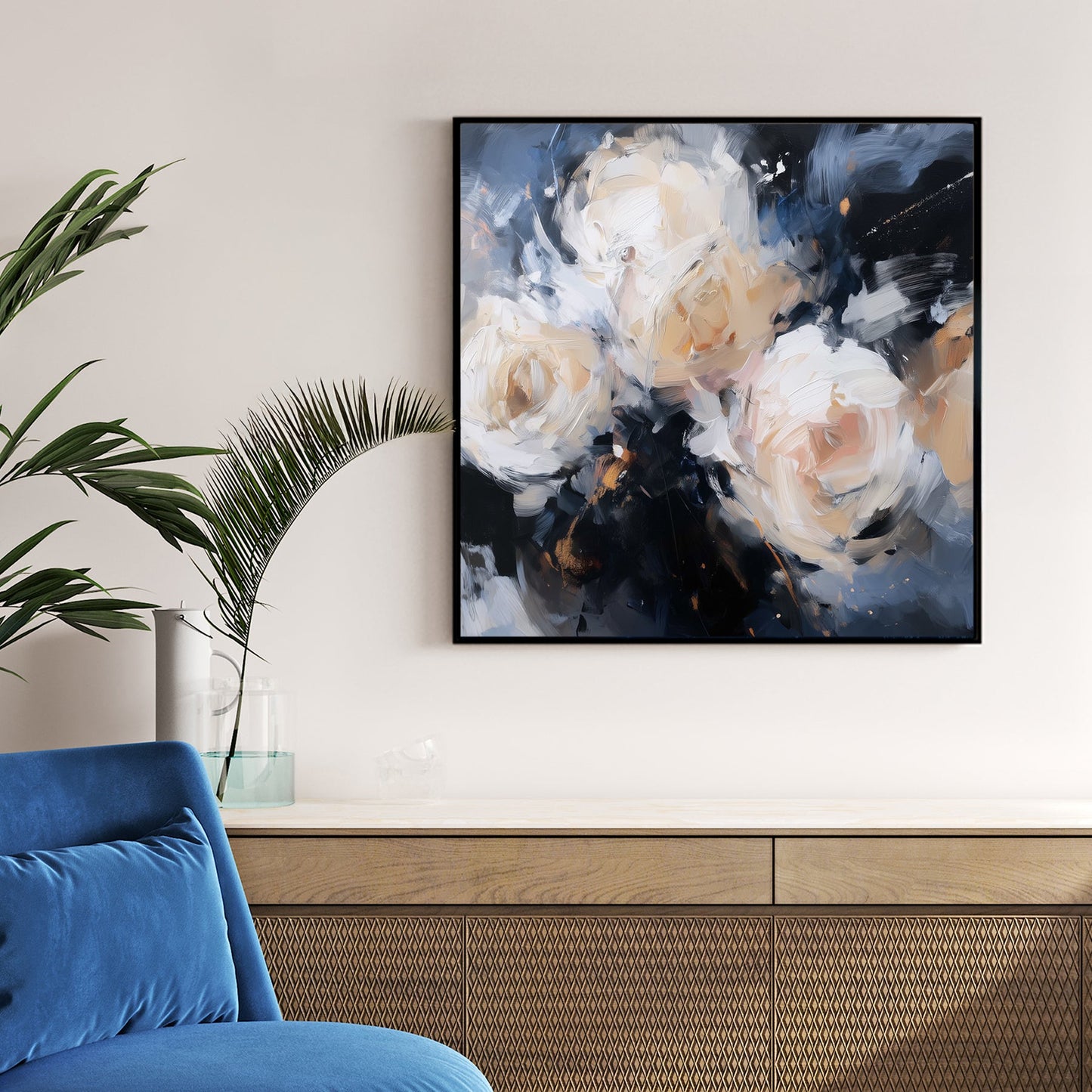 abstract floral wall art with cream roses on a dark navy background