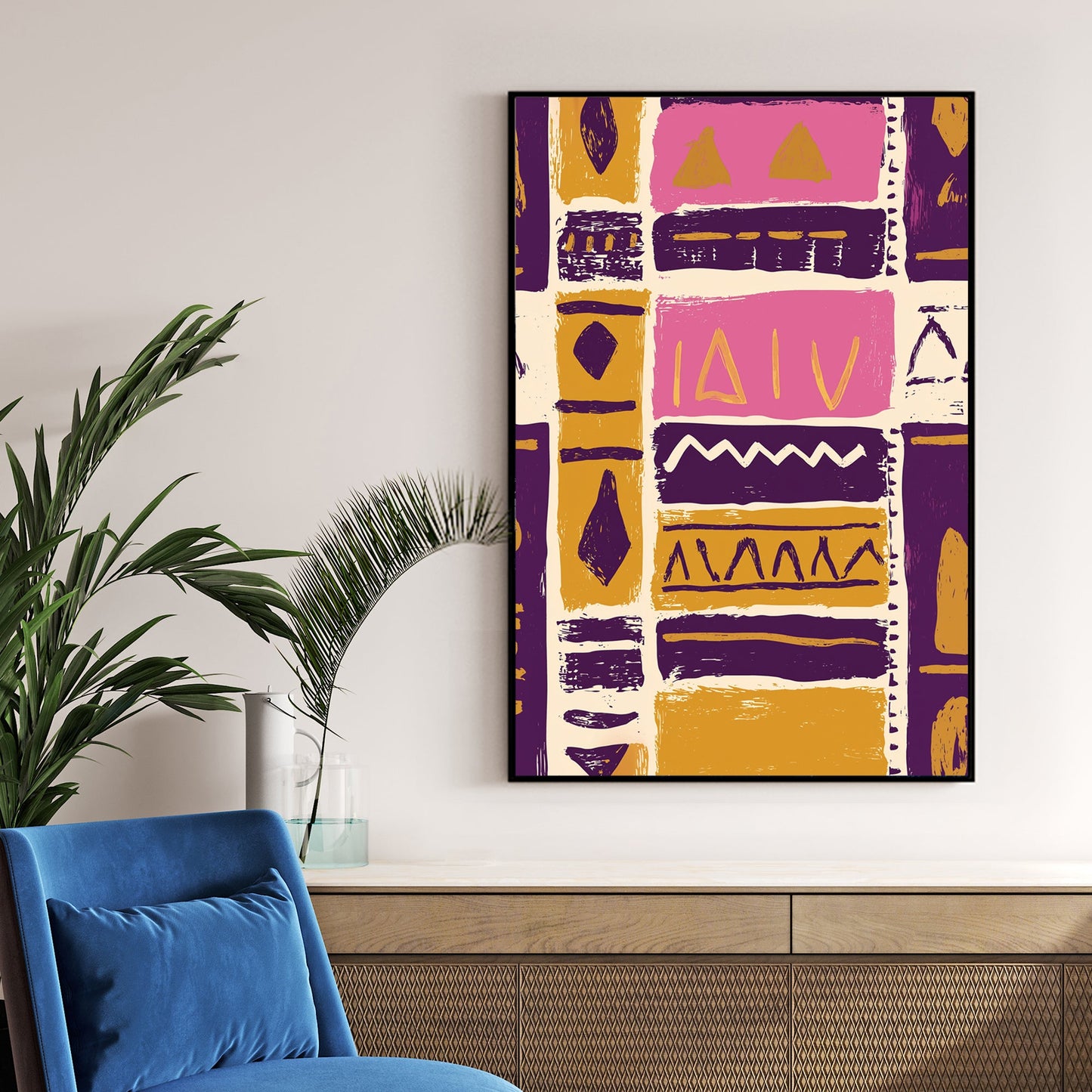 abstract tribal pattern wall art in purple and gold