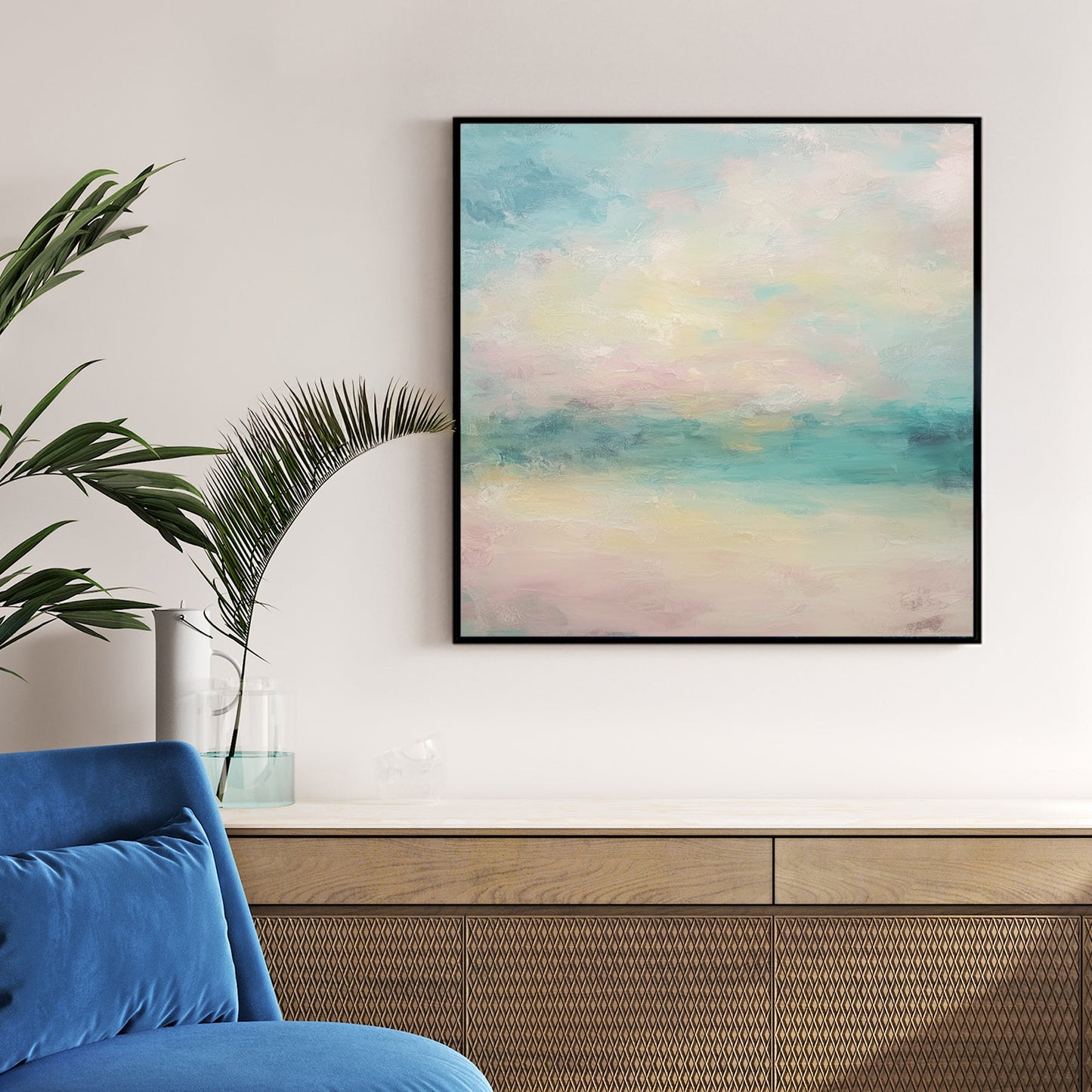 pastel abstract landscape wall art in pink and aqua tones