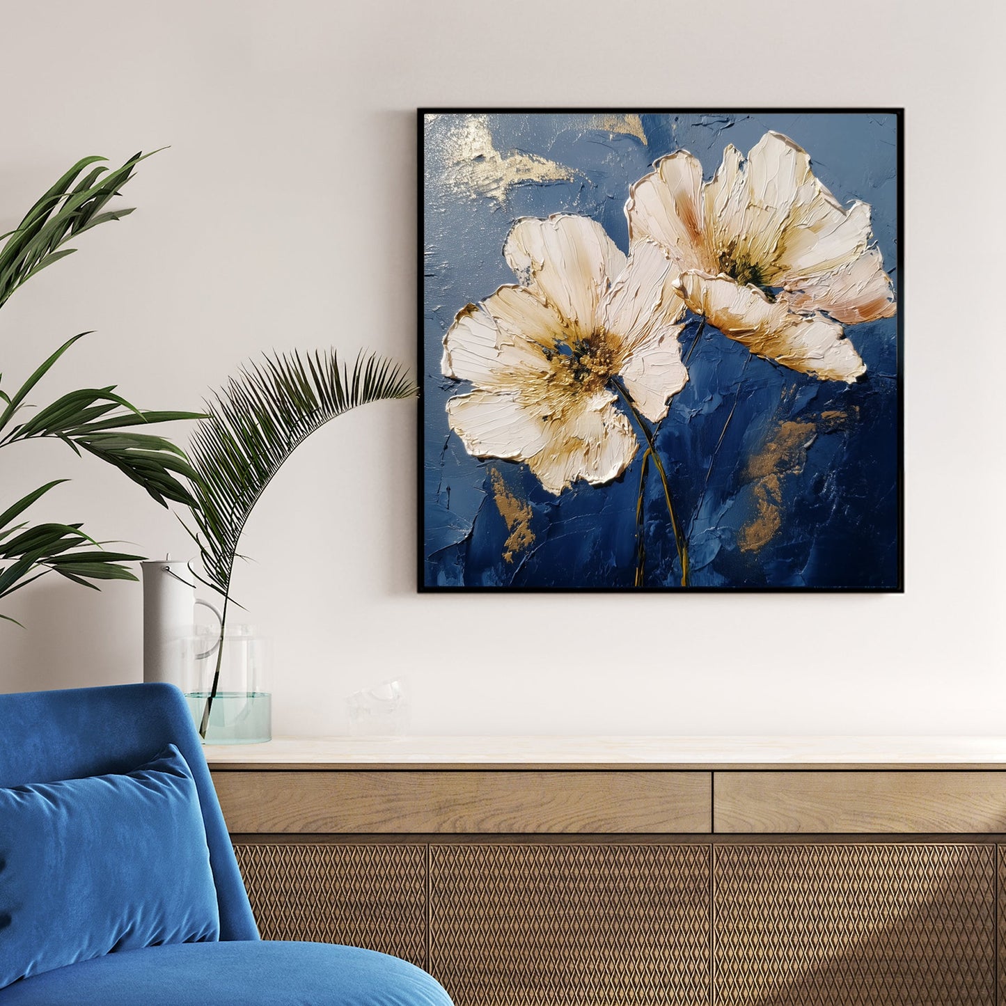 floral wall art with navy background