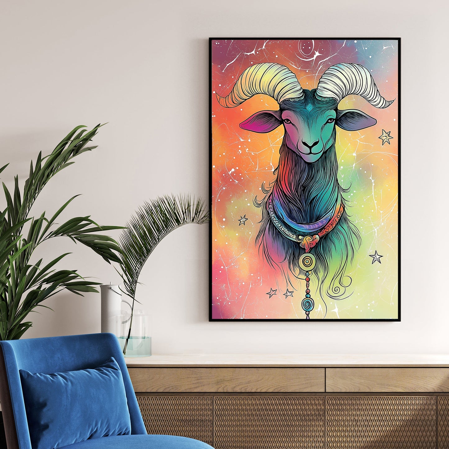 colourful Aries zodiac ram wall art with cosmic background
