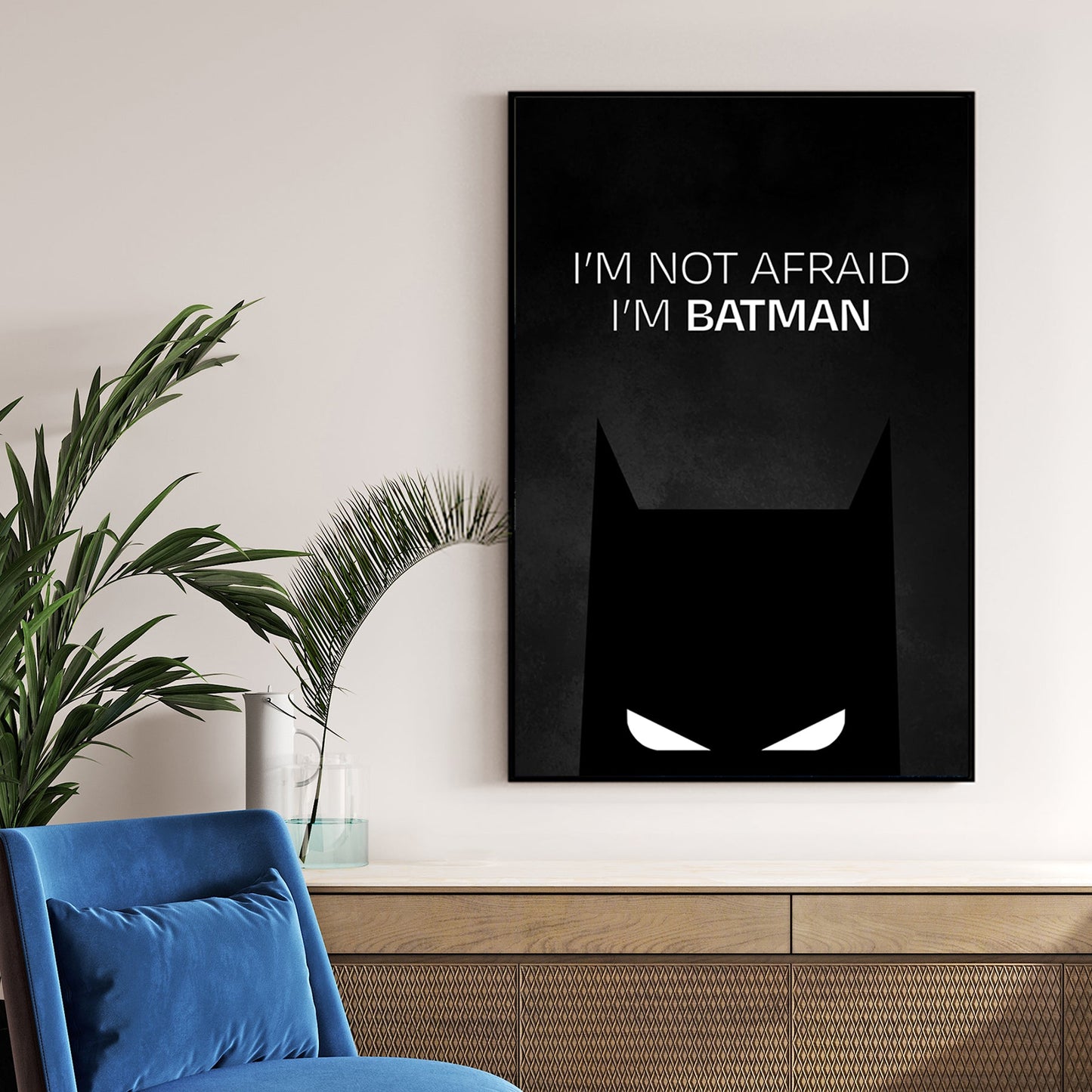 Bold Batman silhouette wall art with “I’m Not Afraid I’m Batman” quote