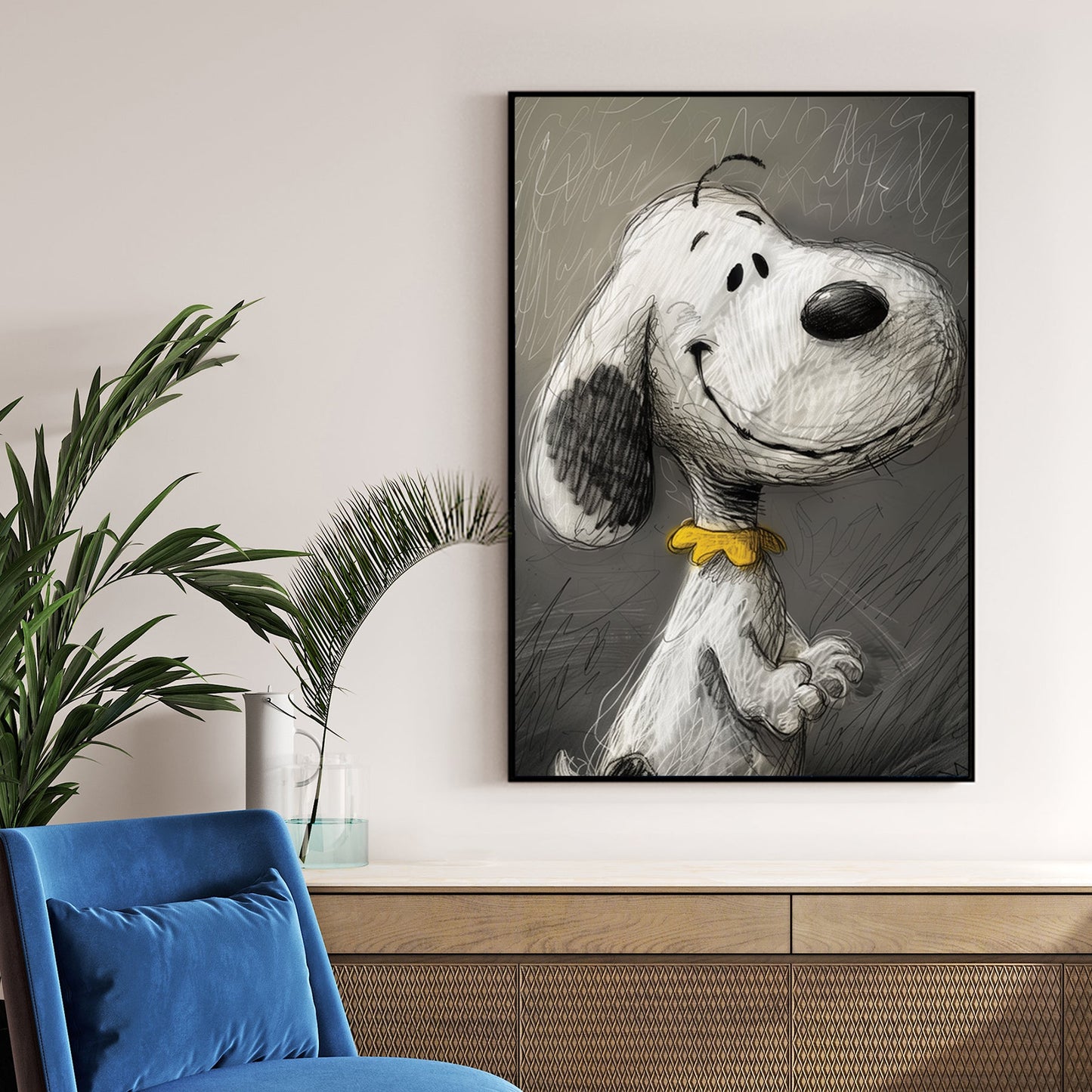 Snoopy sketch wall art with expressive smile