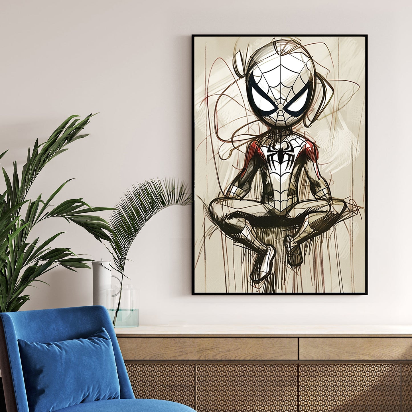 Stylized Spider-Man sketch wall art in a meditative pose with abstract linework